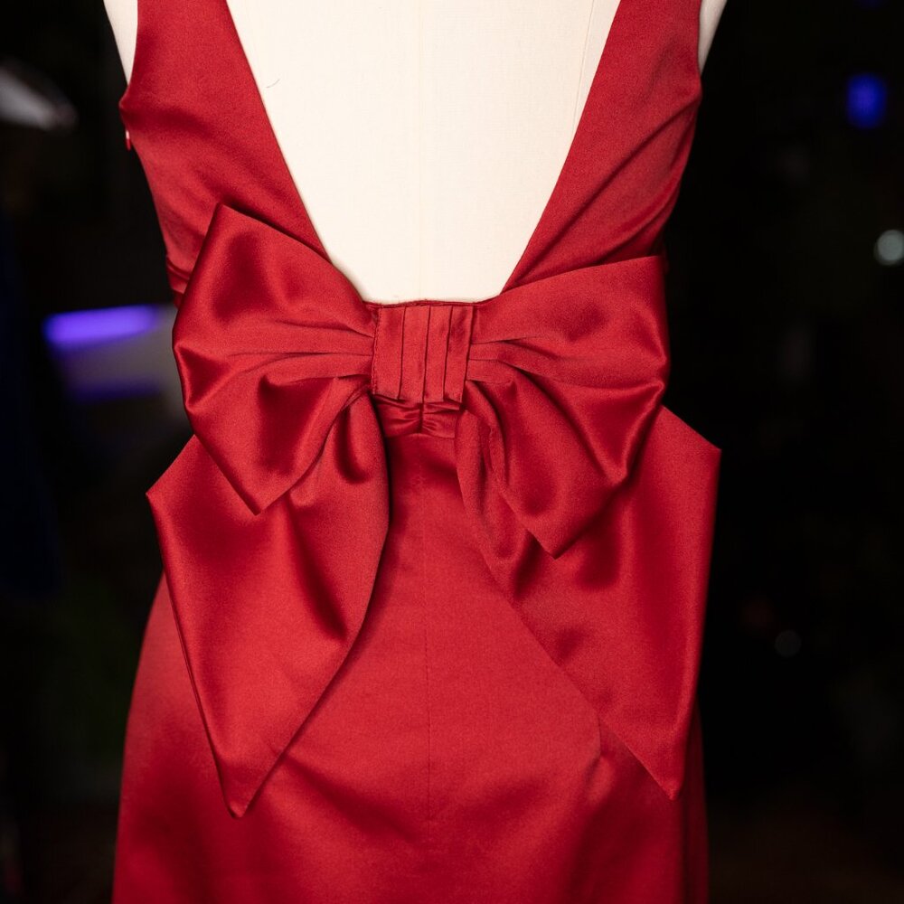 ABS Allen Schwartz Red Satin Prom Dress with Statement Bow